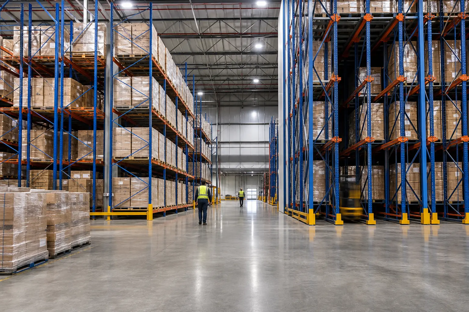 Warehouse interior showing different storage layout configurations including selective pallet racking and drive-in racking