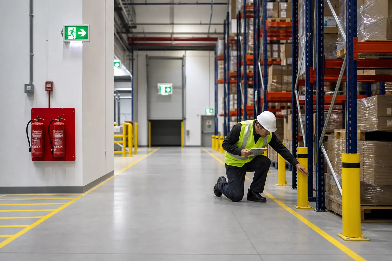 Warehouse safety setup with floor markings, fire extinguisher, emergency exits, and safety inspection