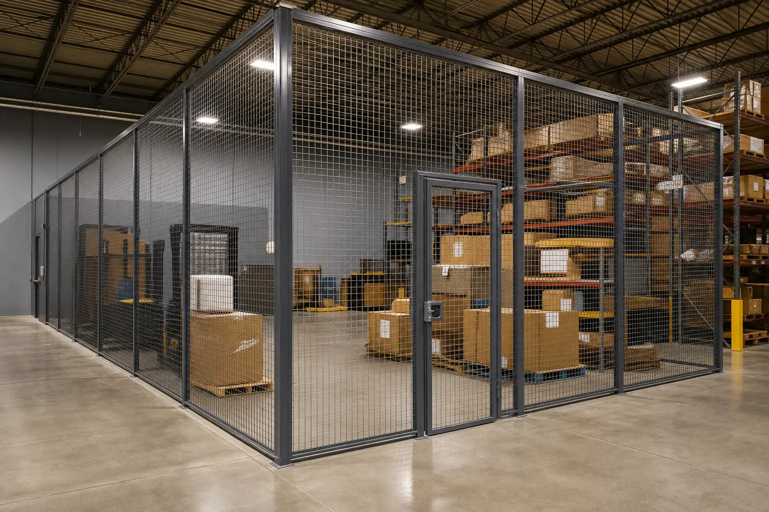 Wire mesh security partition enclosing high-value inventory in an e-commerce fulfillment center
