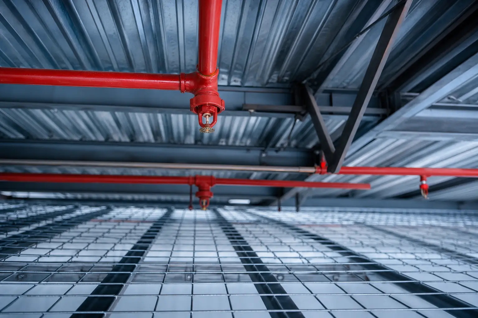 Fire sprinklers above pallet rack with wire decking
