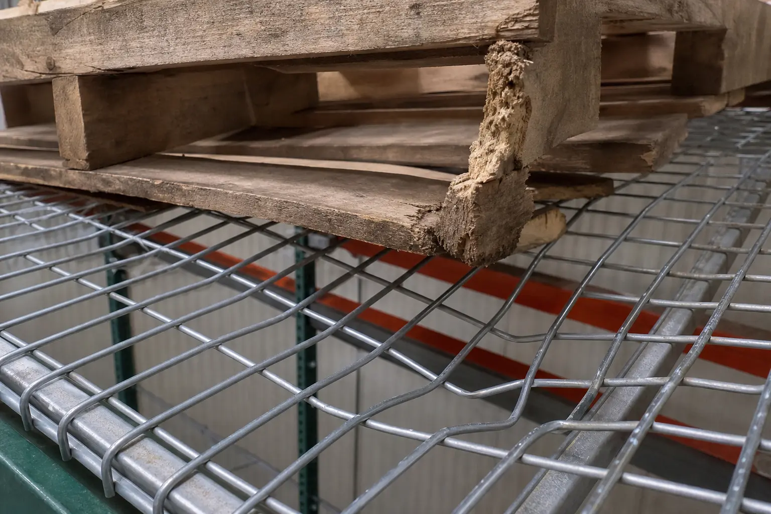 Broken pallet supported by wire decking