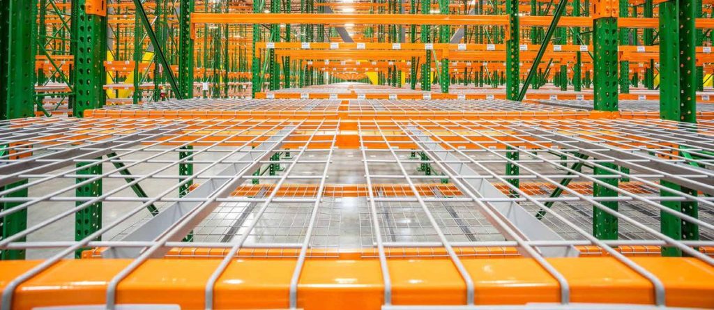 Aerial view of pallet rack bays fitted with welded wire decking