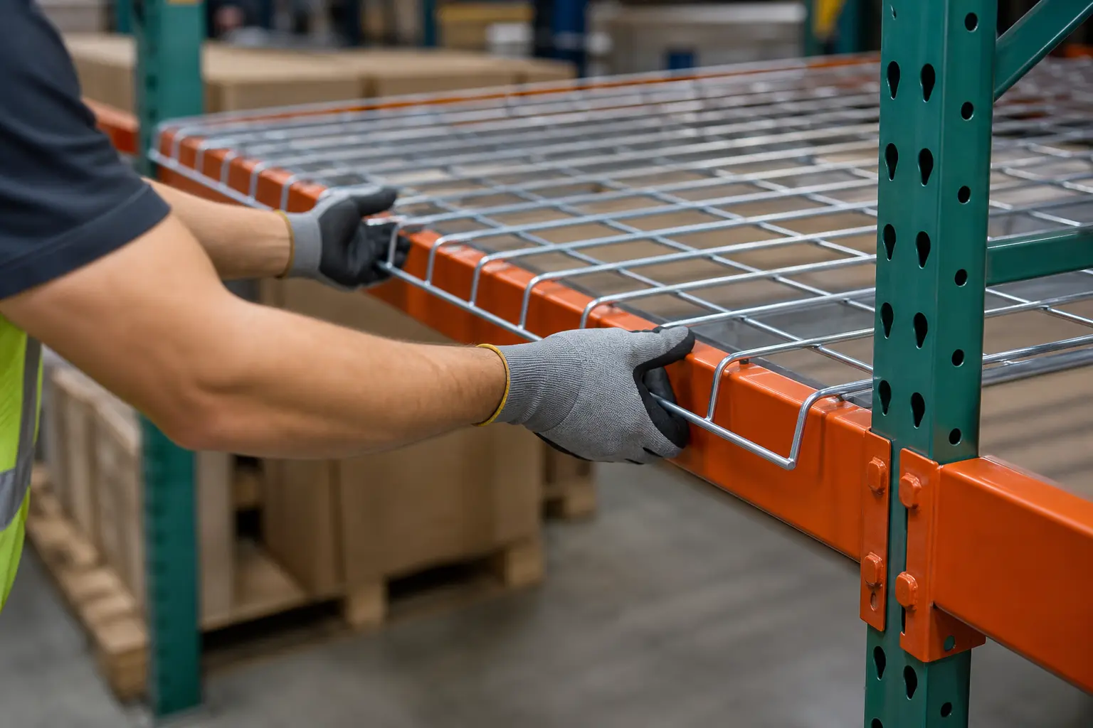 Worker placing wire decking panel onto pallet rack beams
