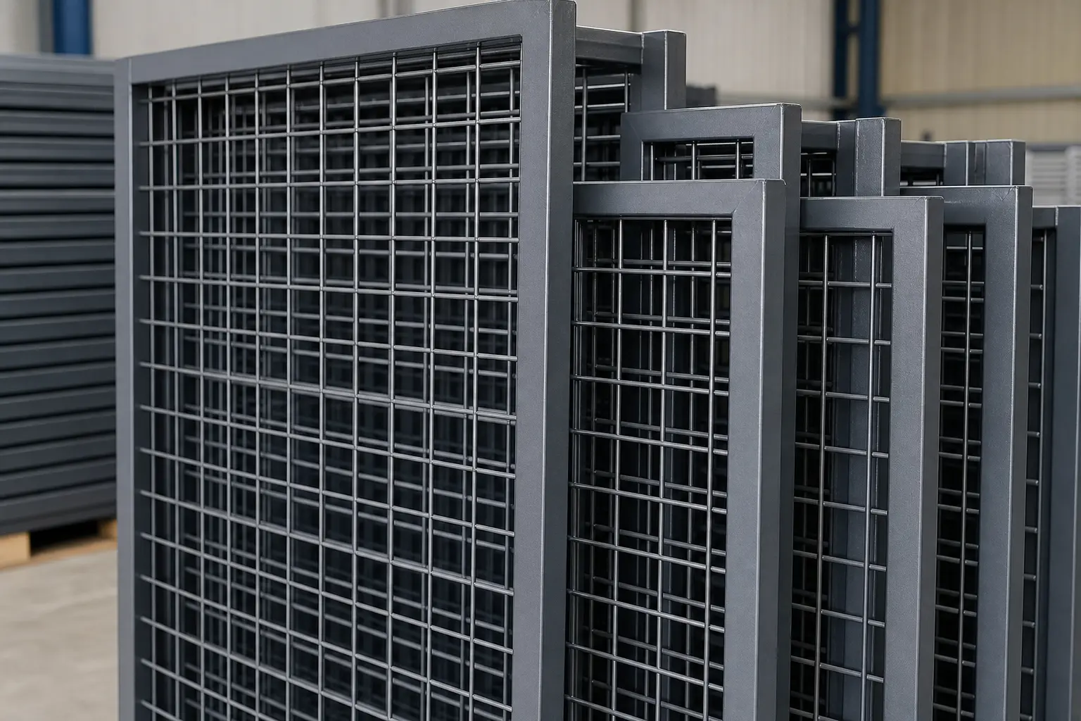 Stack of gray welded wire mesh security panels in steel frames ready for installation