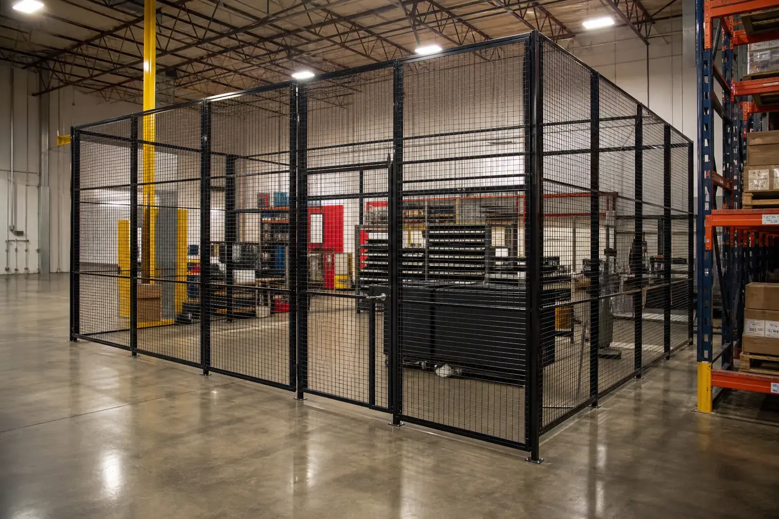 Welded wire mesh security cage enclosing shelved cartons inside a controlled warehouse area