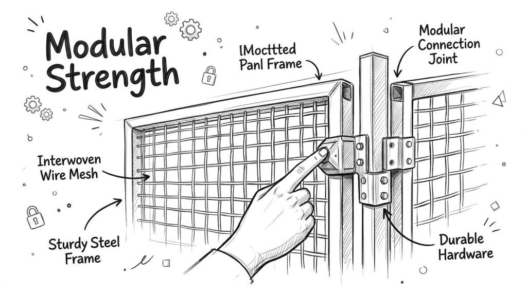 A line drawing illustration showing a modular wire partition system used for secure tool cribs and enclosures.