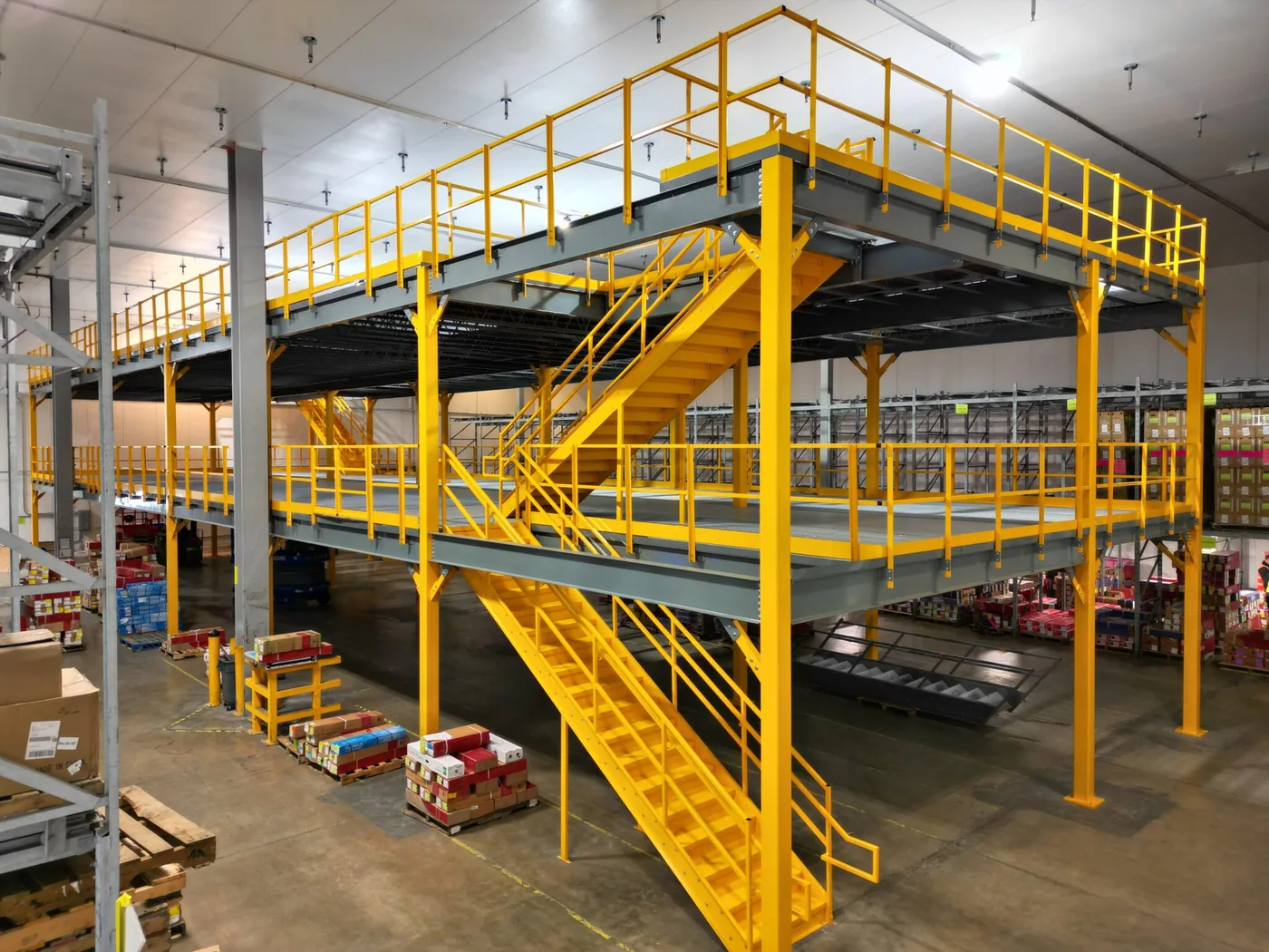 Completed multi-level steel mezzanine adding thousands of square feet of usable space