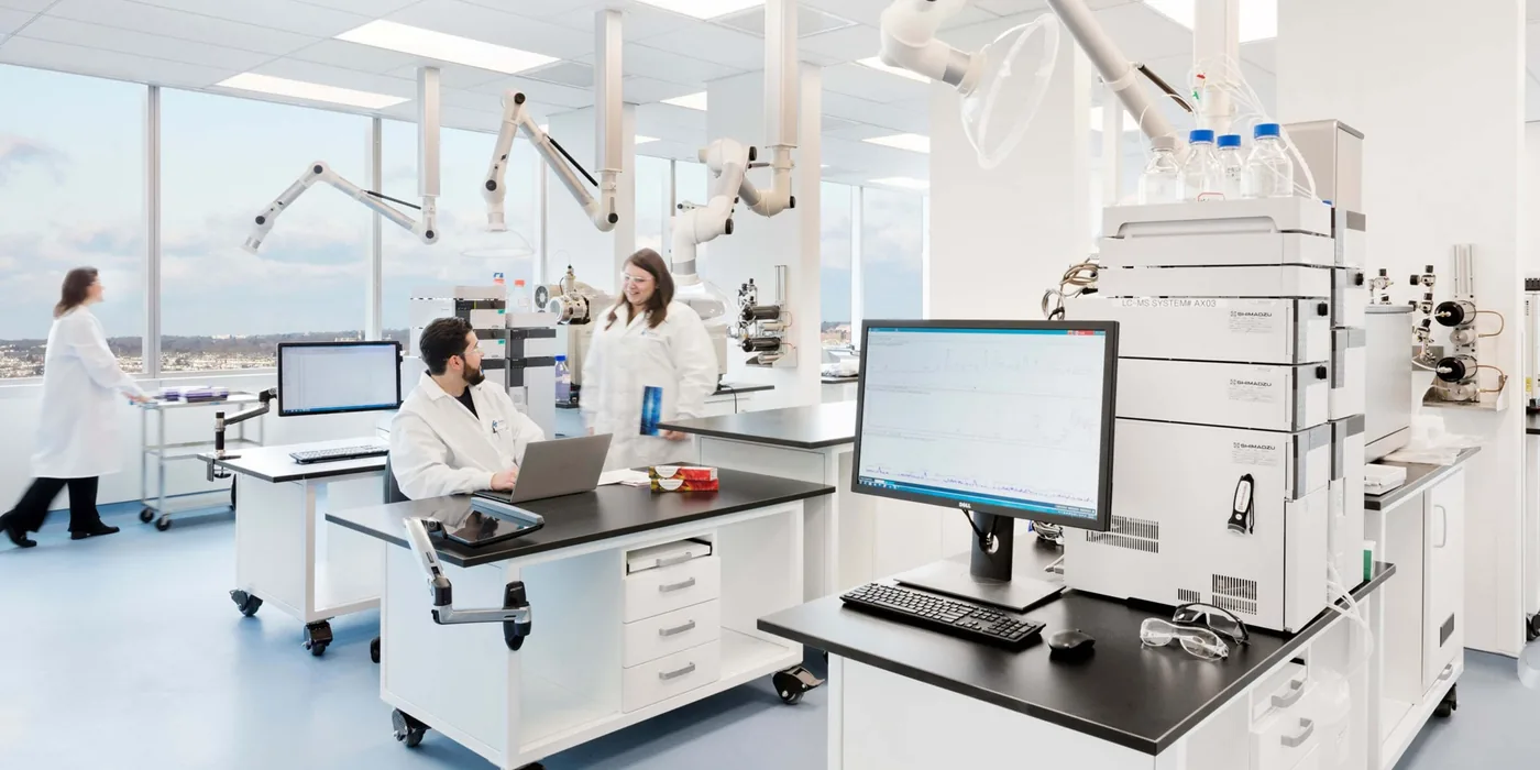 Laboratory furniture and casework layout with chemical storage