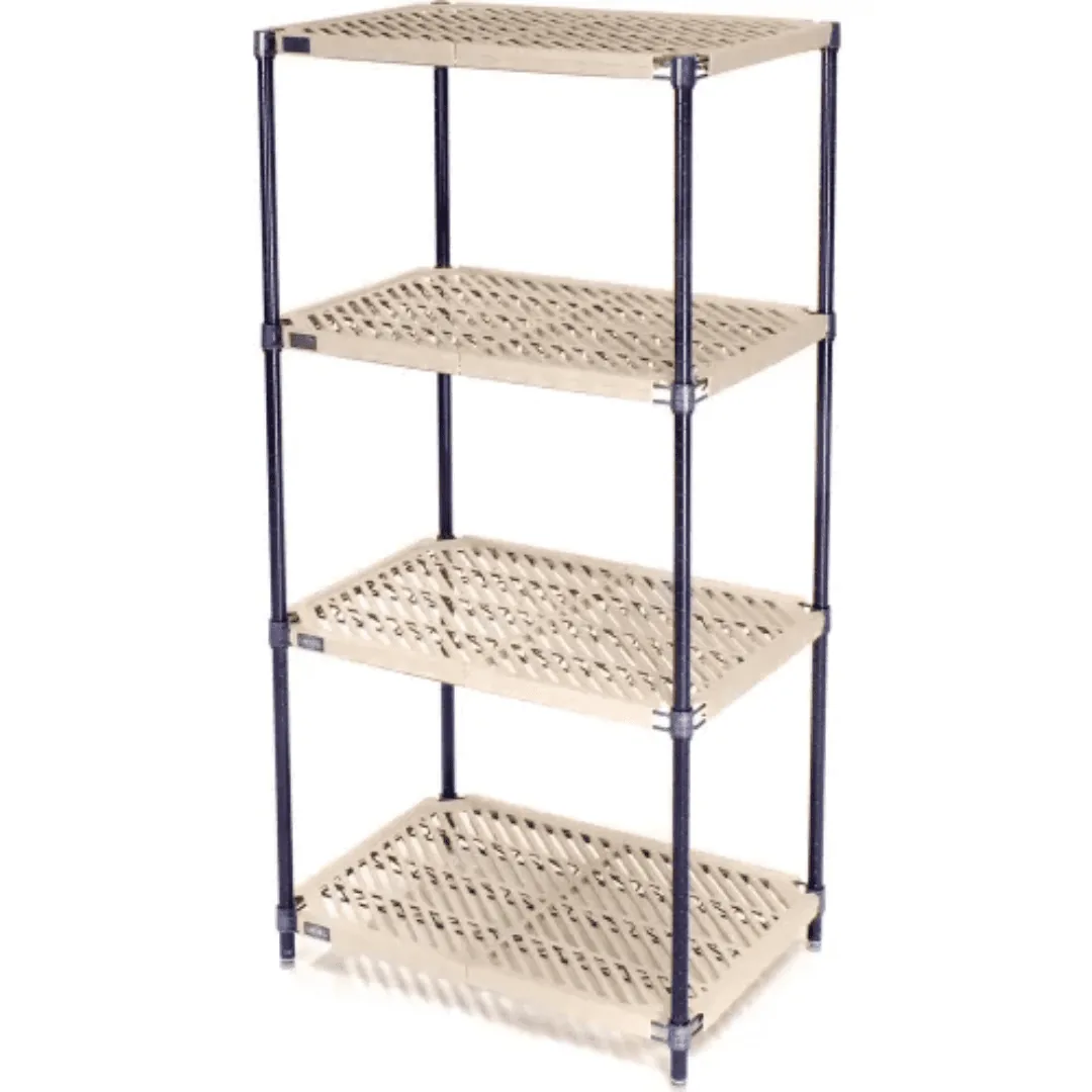 Vented plastic shelving unit for wet and corrosive environments