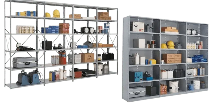 Two Penco Clipper steel shelving units filled with boxes and stocked inventory