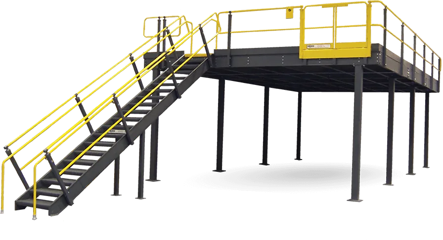 Wildeck steel mezzanine platform with yellow safety railings and an access staircase