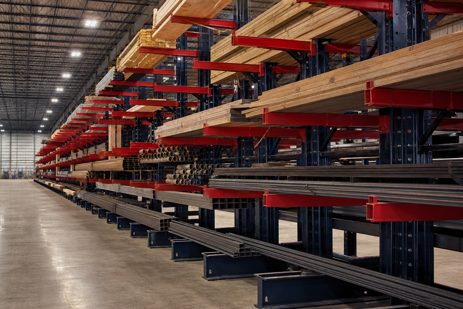 Cantilever rack loaded with lumber and steel