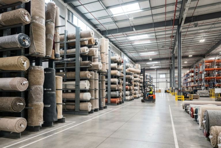Flooring warehouse with rolls of carpet stored in racking down both sides of the aisle