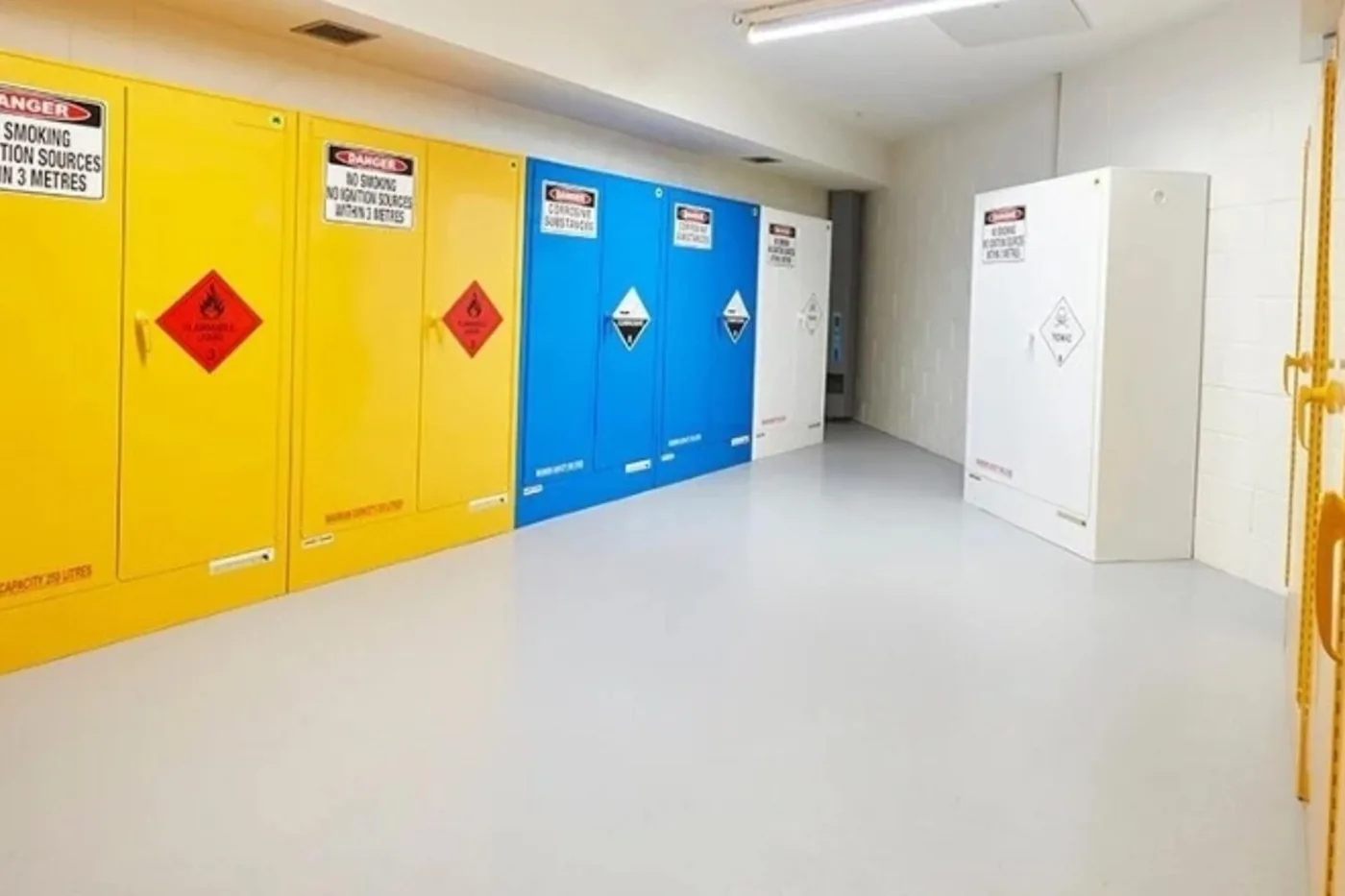 Row of flammable and corrosive chemical storage cabinets installed along a facility wall