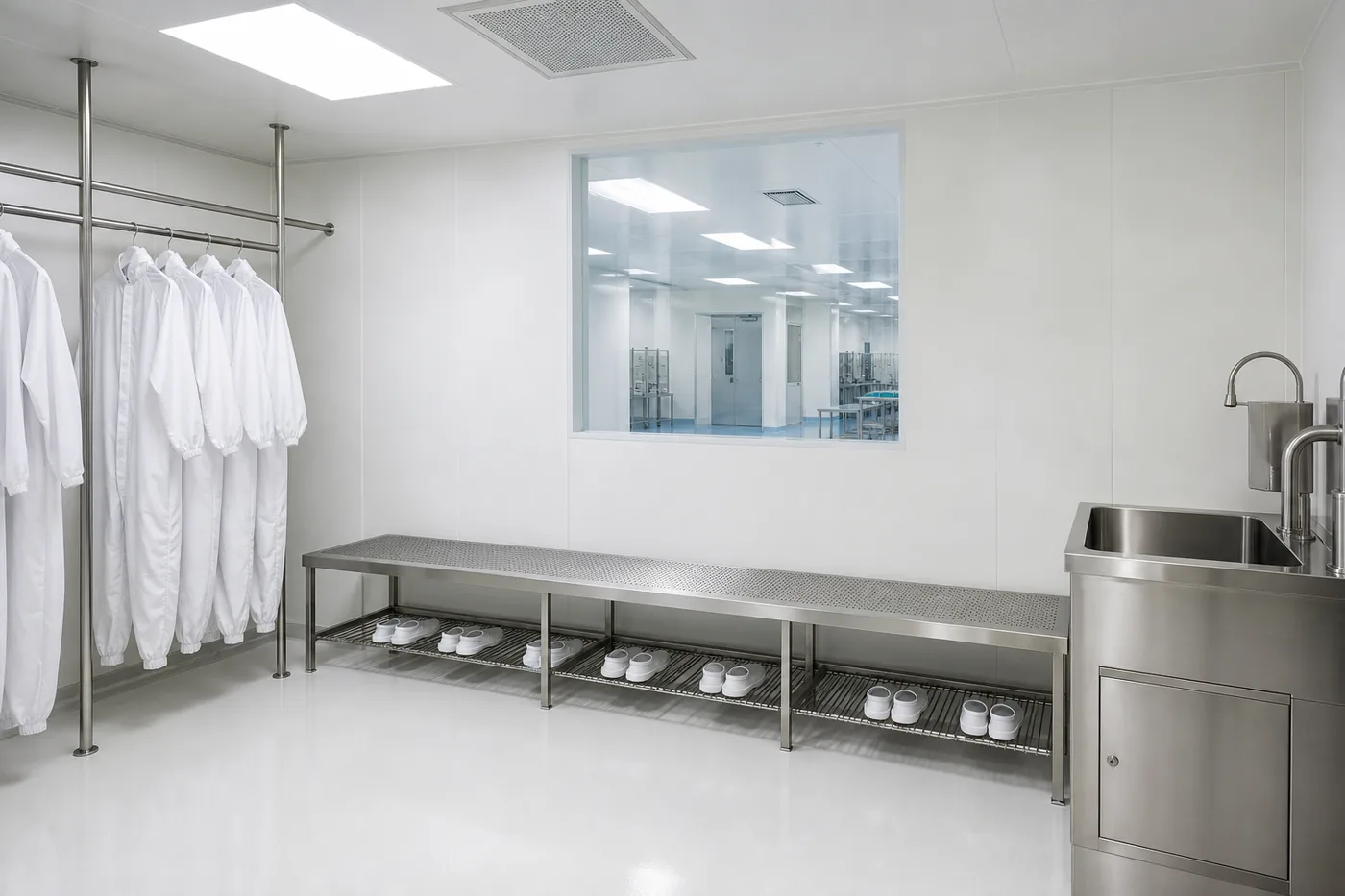 Gowning area with stainless bench, garment rail and a window into a clean modular room