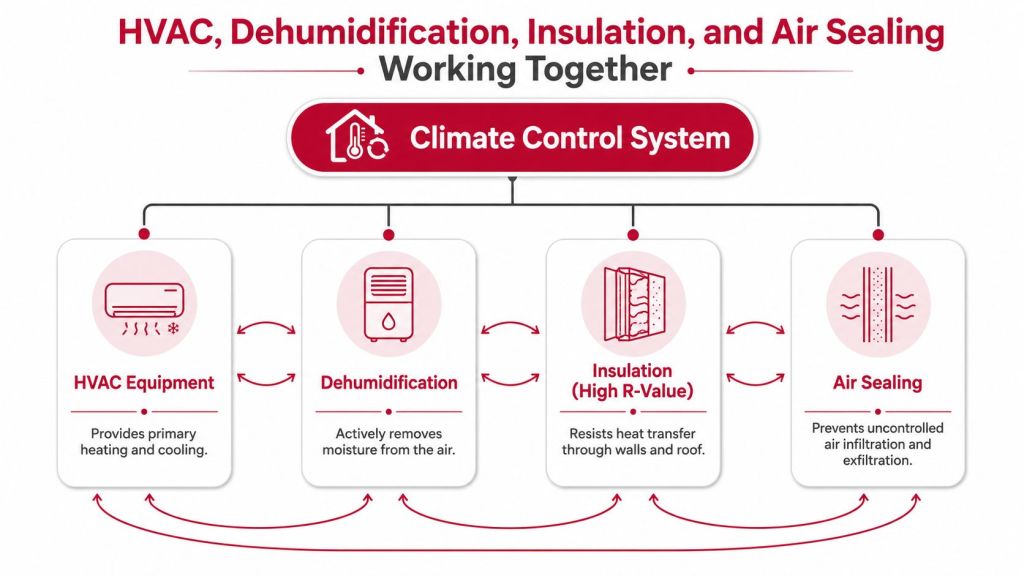 A diagram illustrating how HVAC, dehumidification, insulation, and air sealing integrate within a climate control system.
