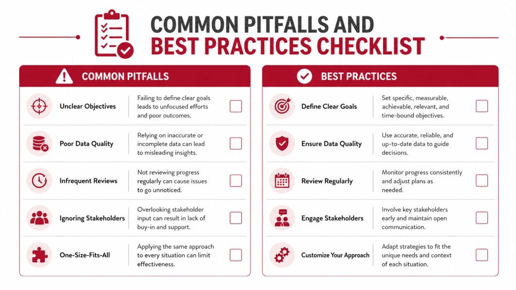 A checklist table titled Common Pitfalls and Best Practices, illustrating key business improvement strategies and concepts.