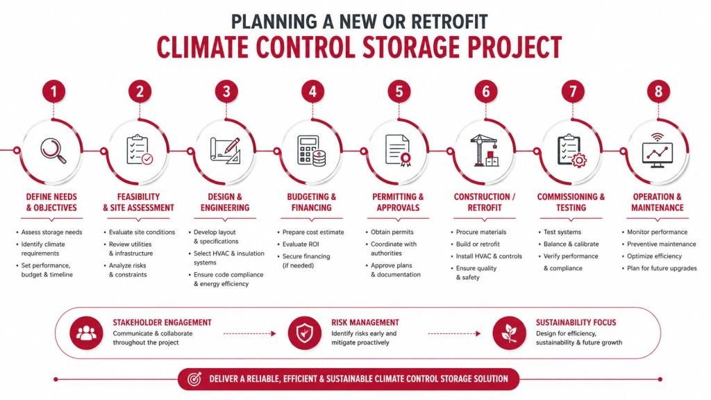 An eight-step planning infographic for a new or retrofit climate control storage project.