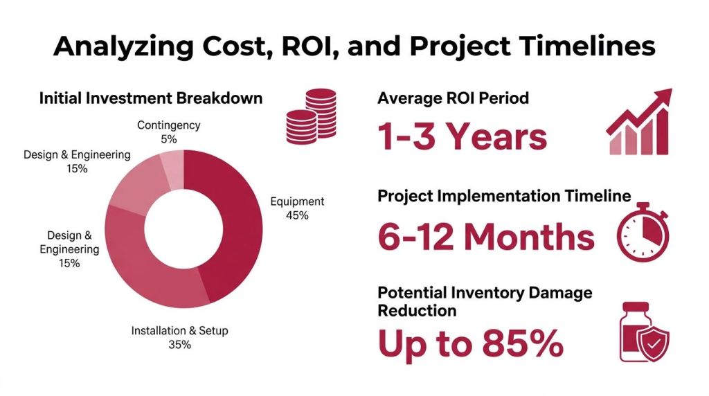 A graphic showing cost breakdown, ROI, project implementation timelines, and inventory damage reduction percentages for business investments.