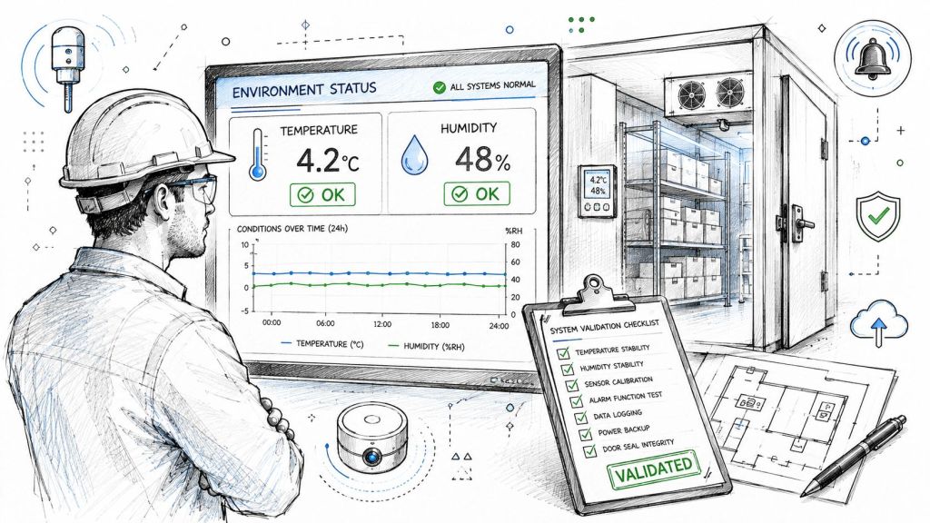 A technician reviewing environmental sensor data and a validation checklist for a climate controlled storage facility.