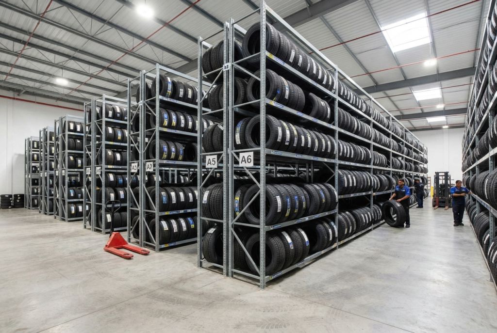 Commercial tire storage racks in a professional tire shop holding retail tire inventory
