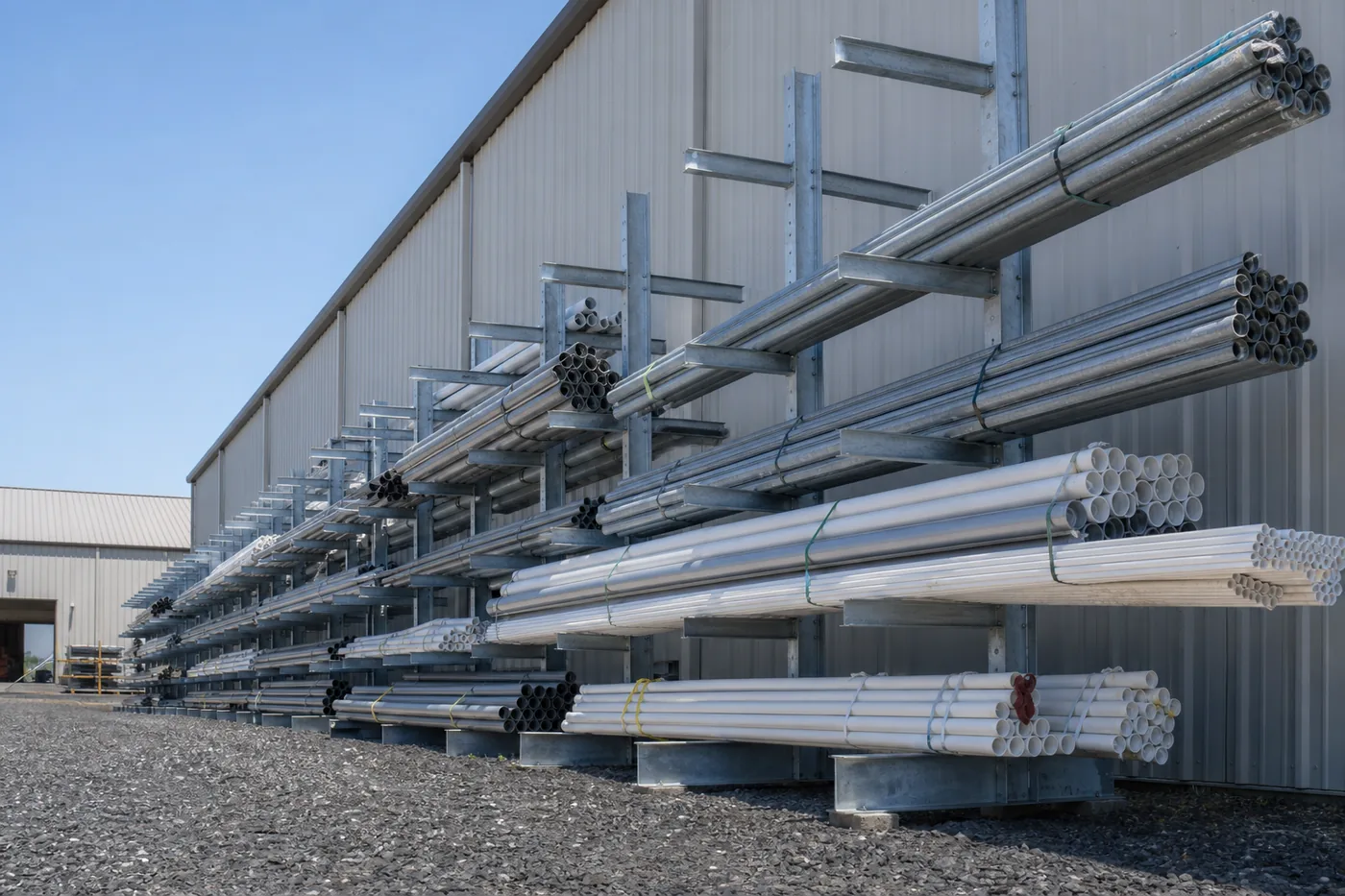 Cantilever racking holding bundles of conduit and pipe sorted by diameter at a contractor yard
