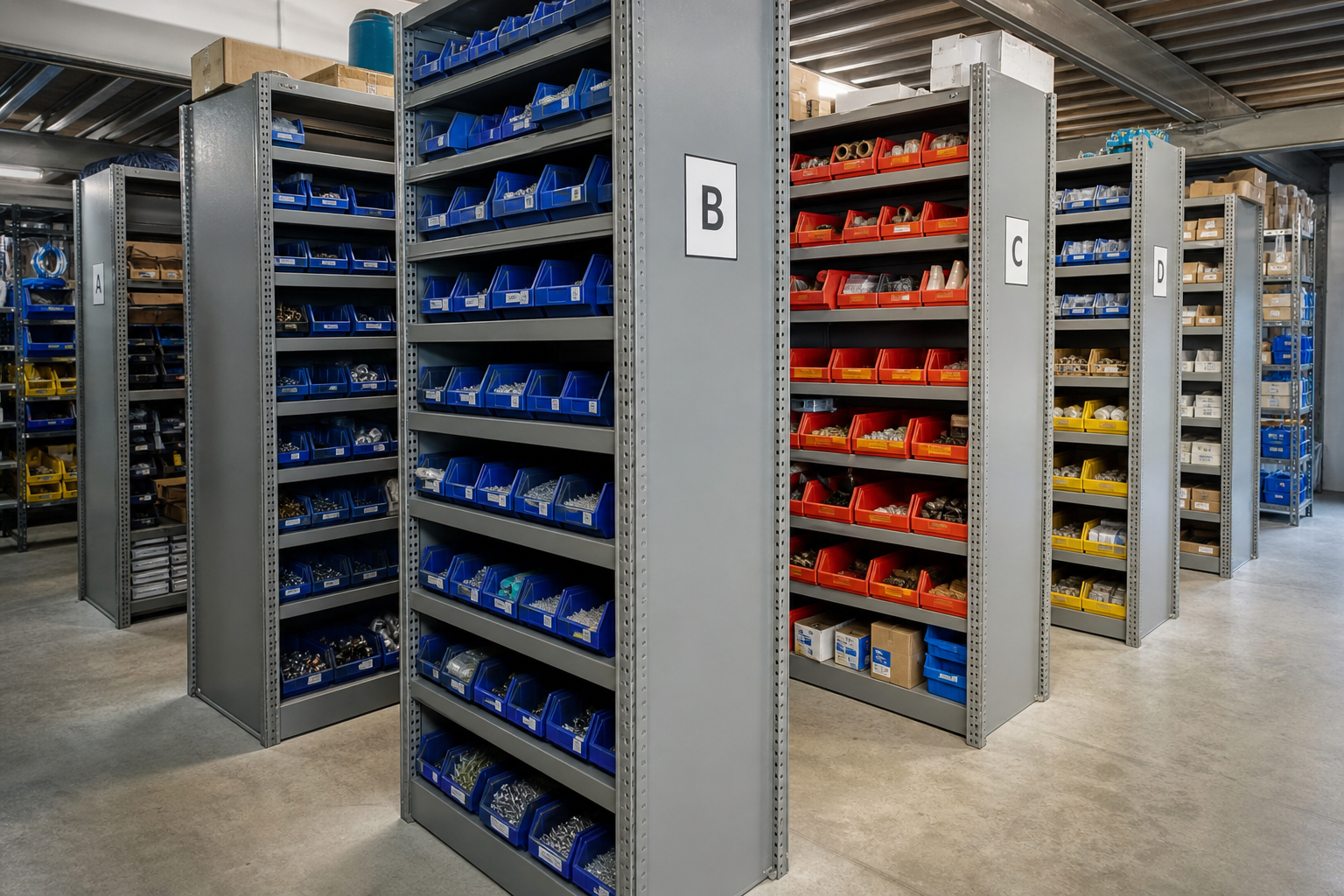 Contractor parts stock room with rows of grey boltless rivet shelving holding stacked plastic bins of fasteners, fitting