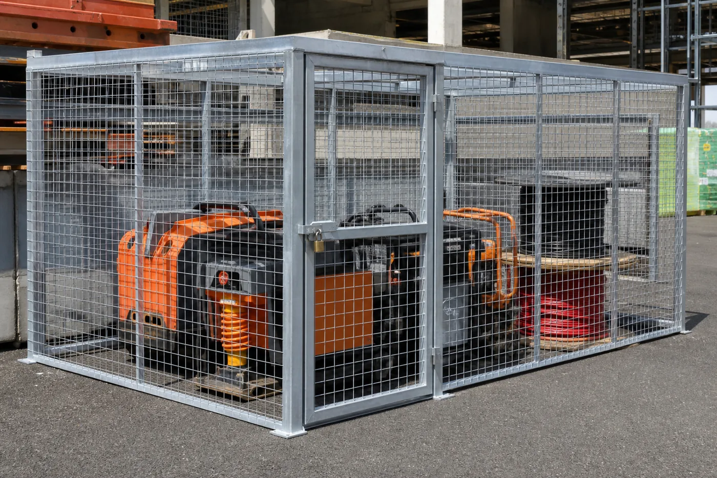 Secure welded wire equipment cage in a construction yard holding generators and cable reels