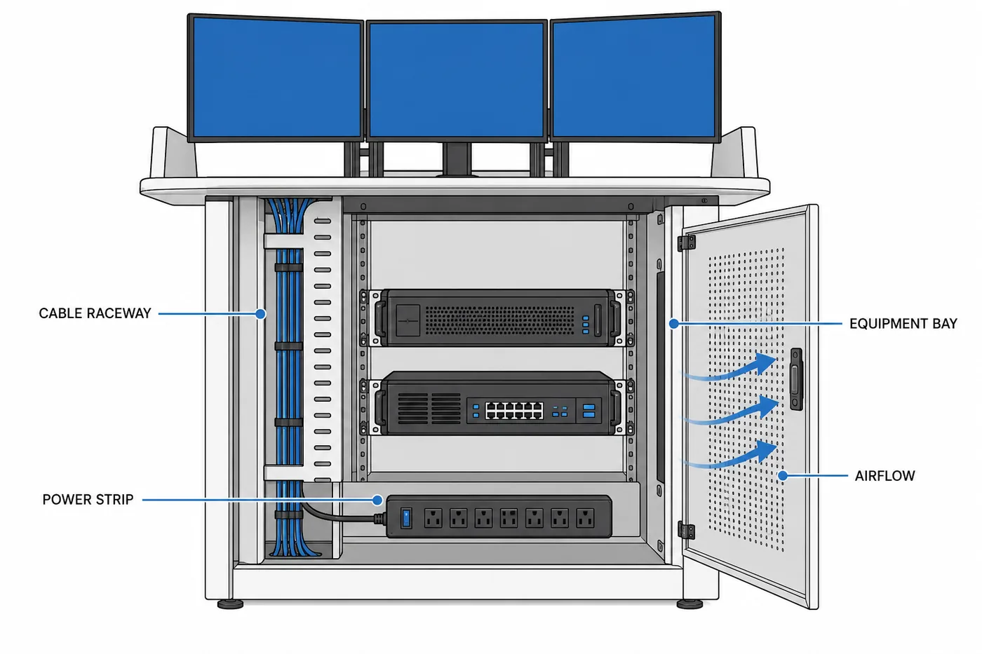 Cutaway diagram of console cable raceway, power distribution, equipment bay and airflow