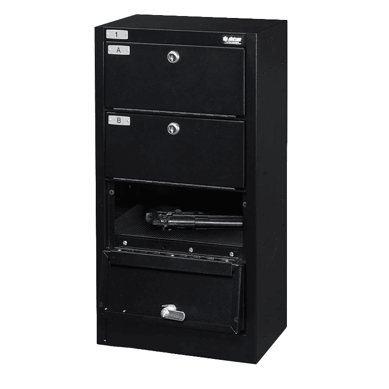 Datum pistol locker open showing individual handgun compartment