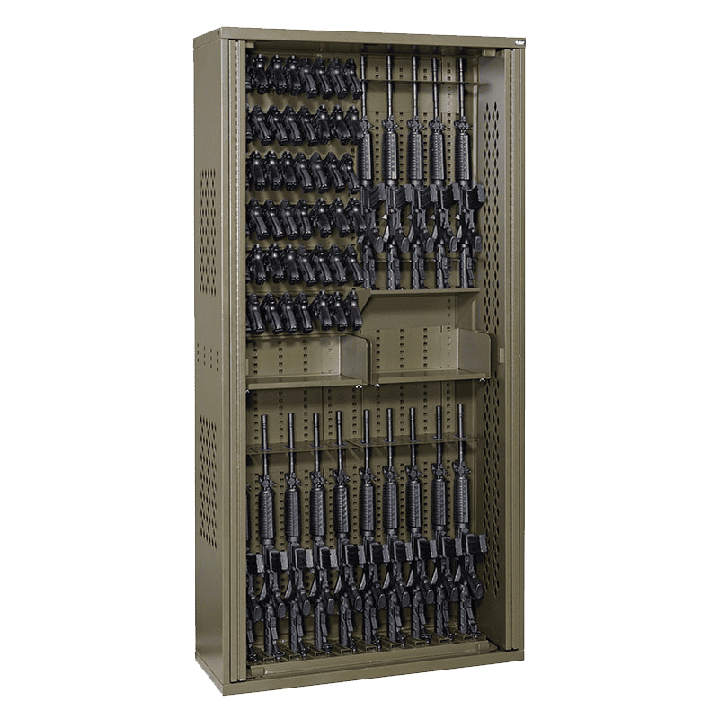 Weapon storage cabinets and arms room rack systems