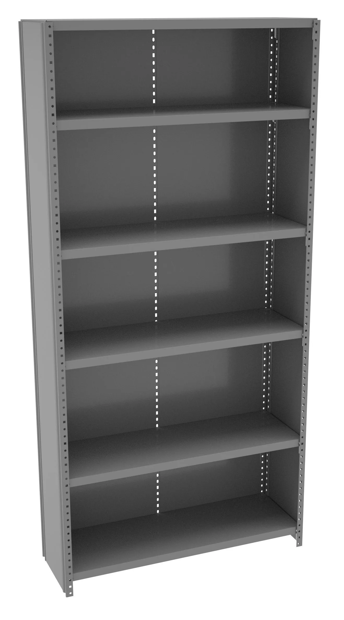 Open-style steel shelving unit with five adjustable perforated shelves