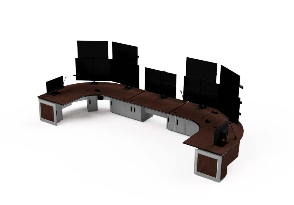 e-SystemsGroup Benchmark Ergo dispatch console with a large multi-monitor array