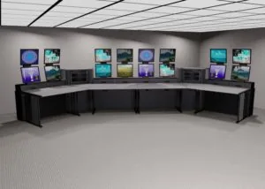 Command center with curved console positions facing a video wall