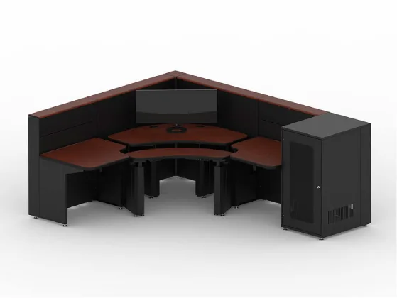 e-SystemsGroup console with integrated equipment rack cabinet