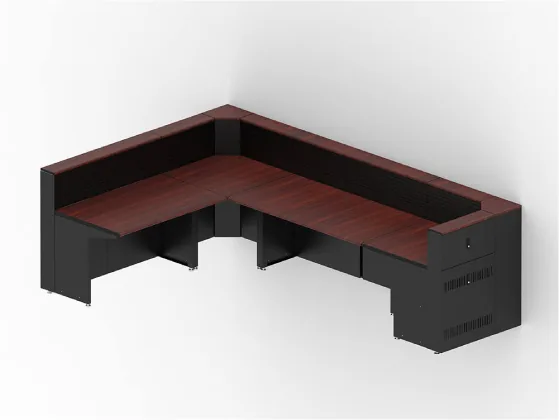 e-SystemsGroup Contour console in an L-shaped configuration with integrated storage