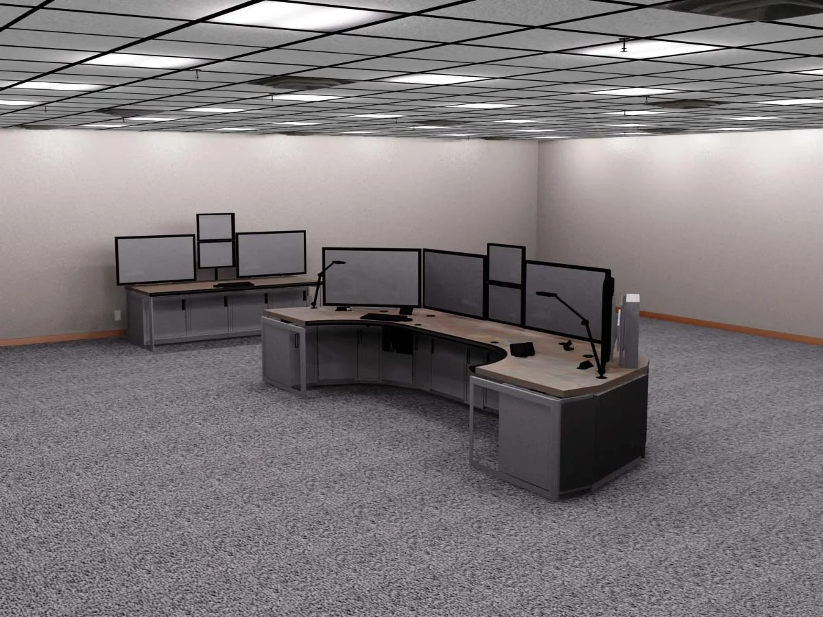 Dispatch room with e-SystemsGroup consoles installed and multi-monitor positions