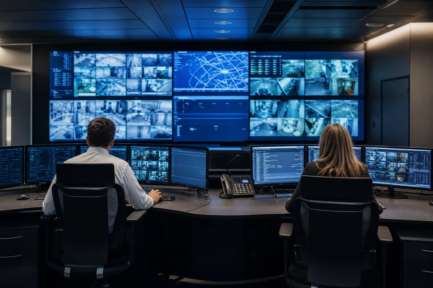 Security operations center with curved consoles facing a video wall