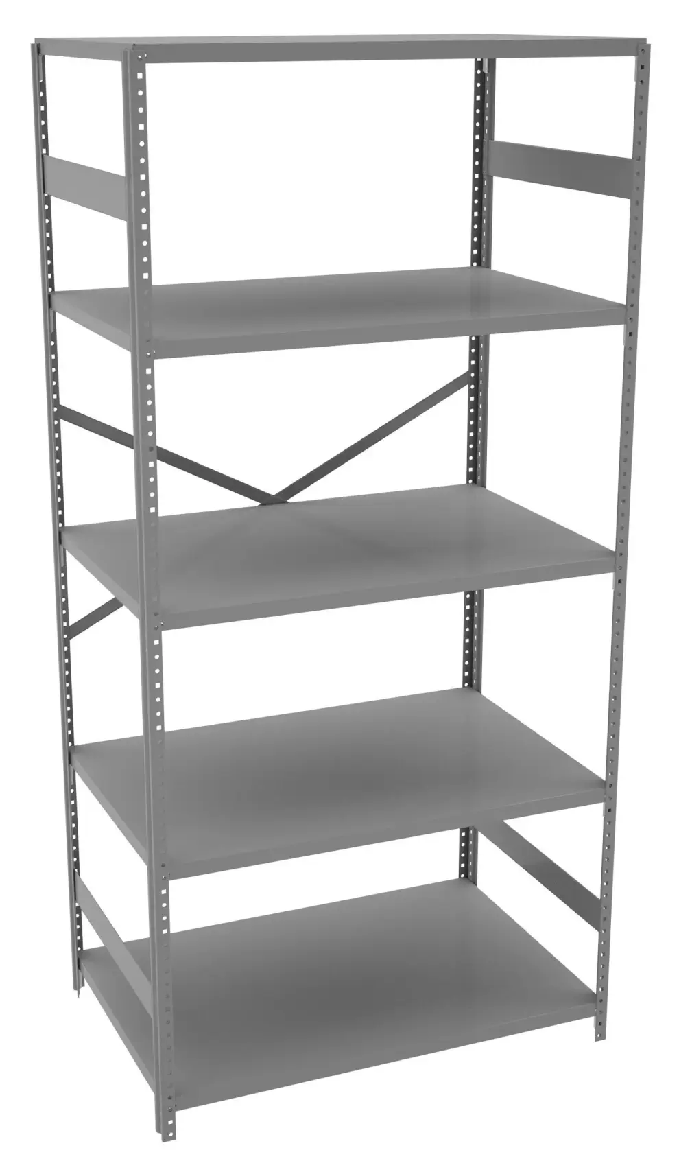 Steel shelving unit with five evenly spaced adjustable shelves against a wall