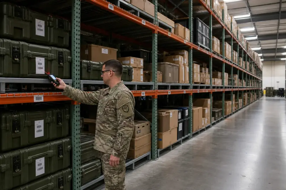 Worker in a supply depot pick area selecting from steel shelving loaded with crates and cartons