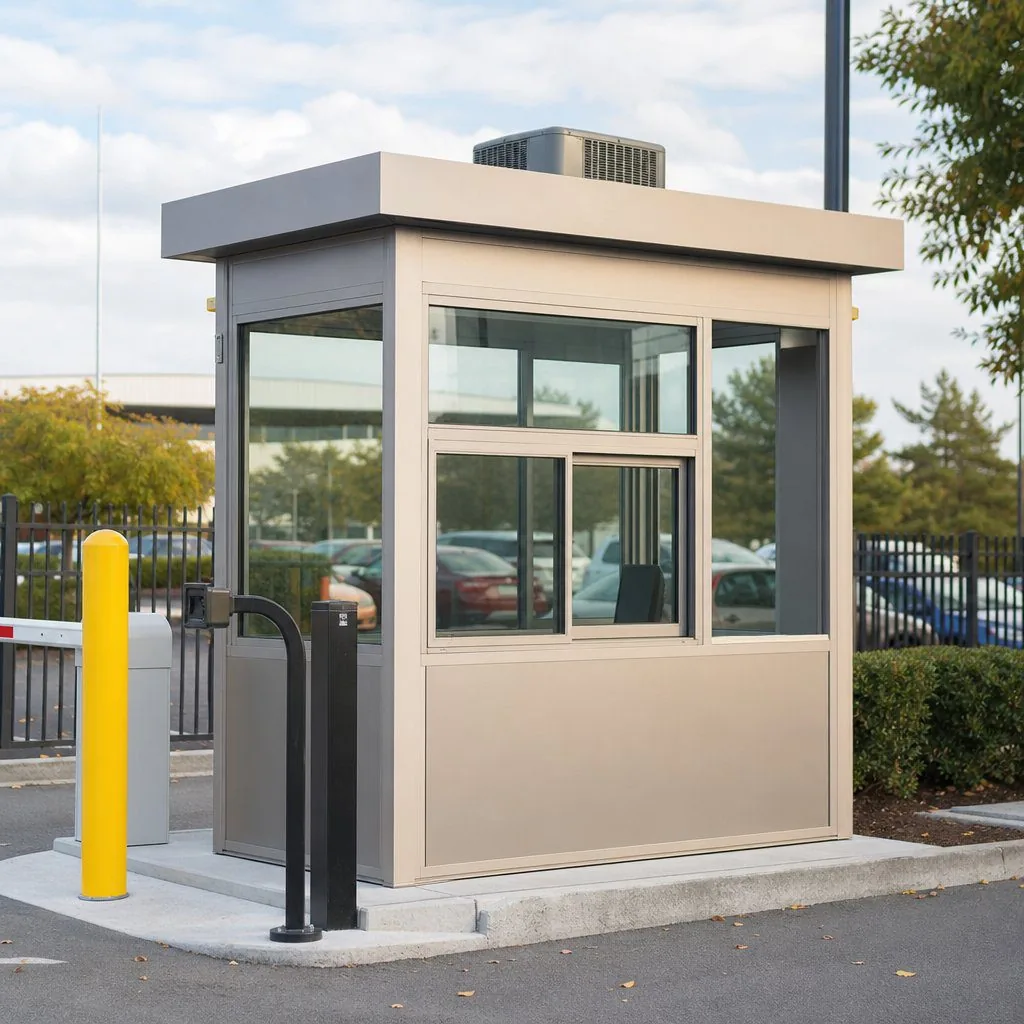 Parking booth with accessible transaction window and clear sight lines