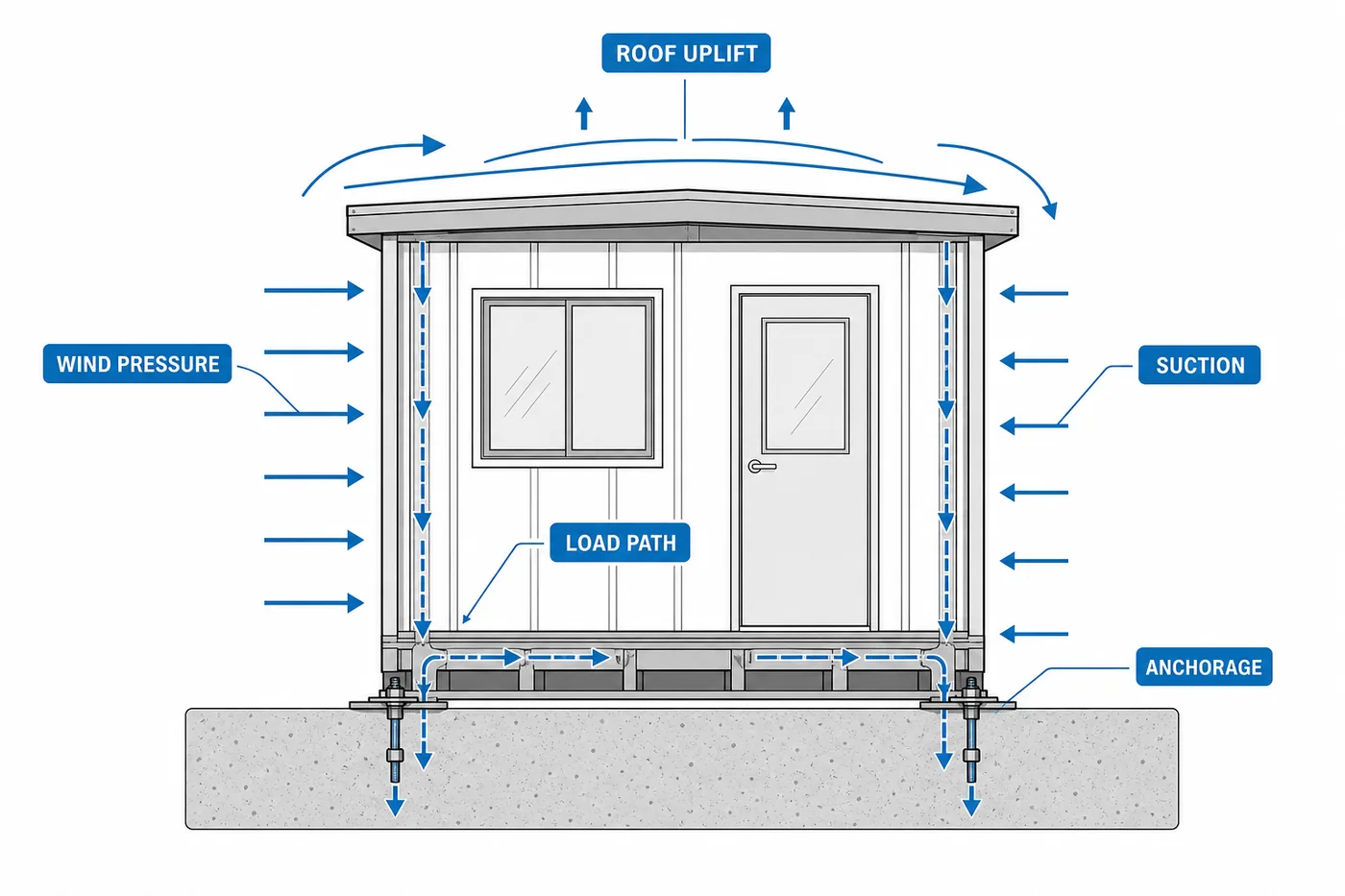 Diagram showing wind pressure, roof uplift, suction, the internal load path and base anchorage on a prefabricated building