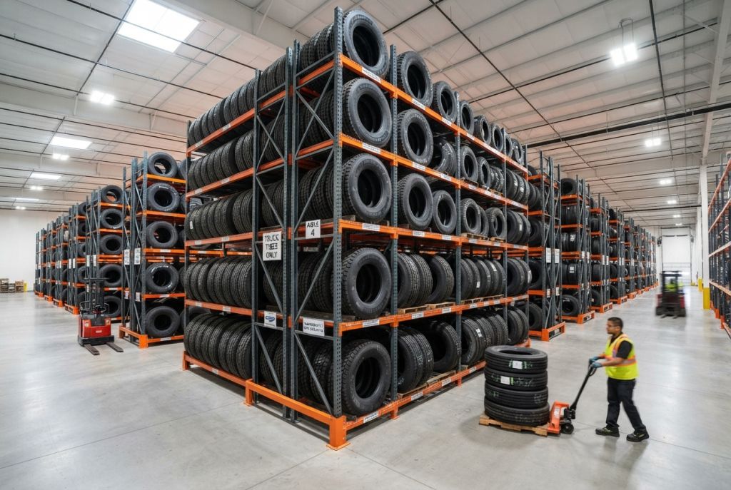 Heavy duty static tire storage rack loaded with tires in an industrial warehouse