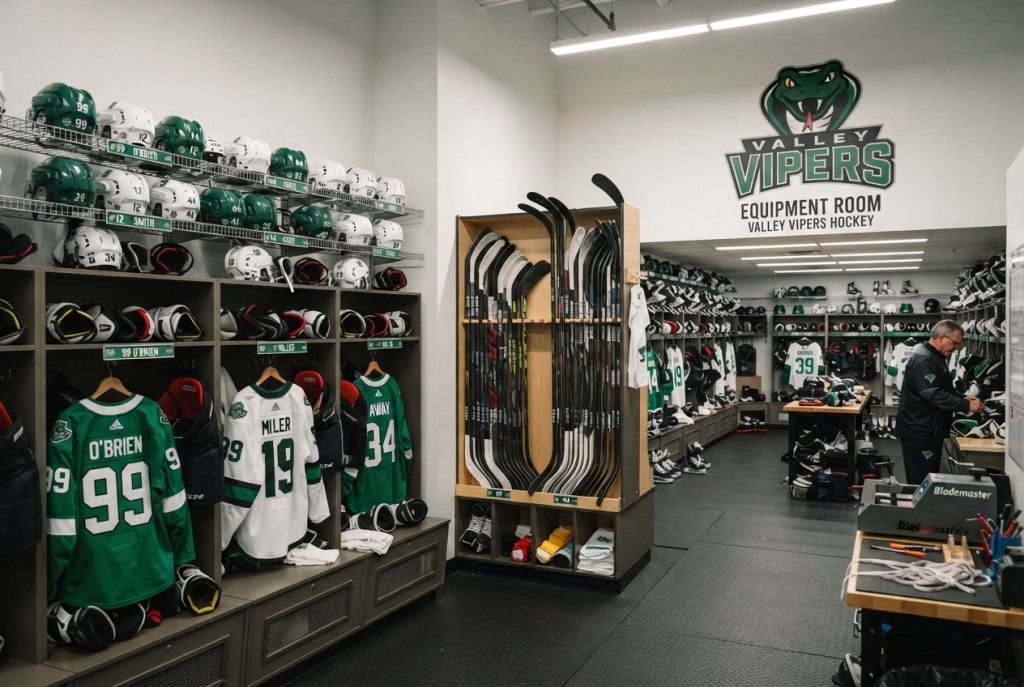 Ice hockey equipment storage room