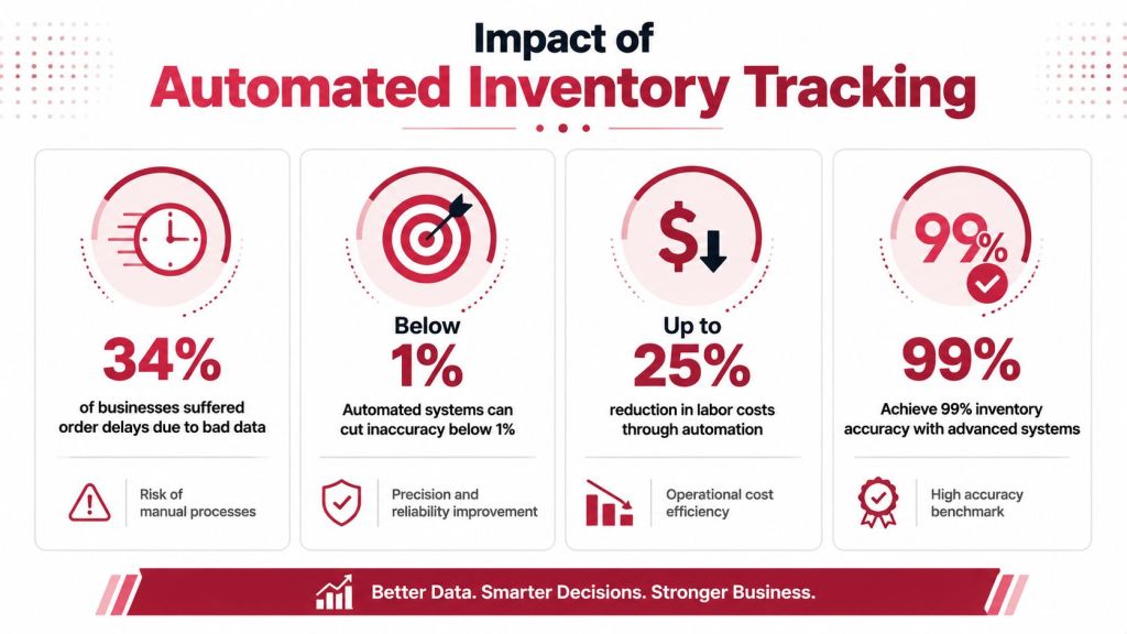 An infographic showing the benefits of automated inventory tracking systems, including efficiency, accuracy, and reduced labor costs.