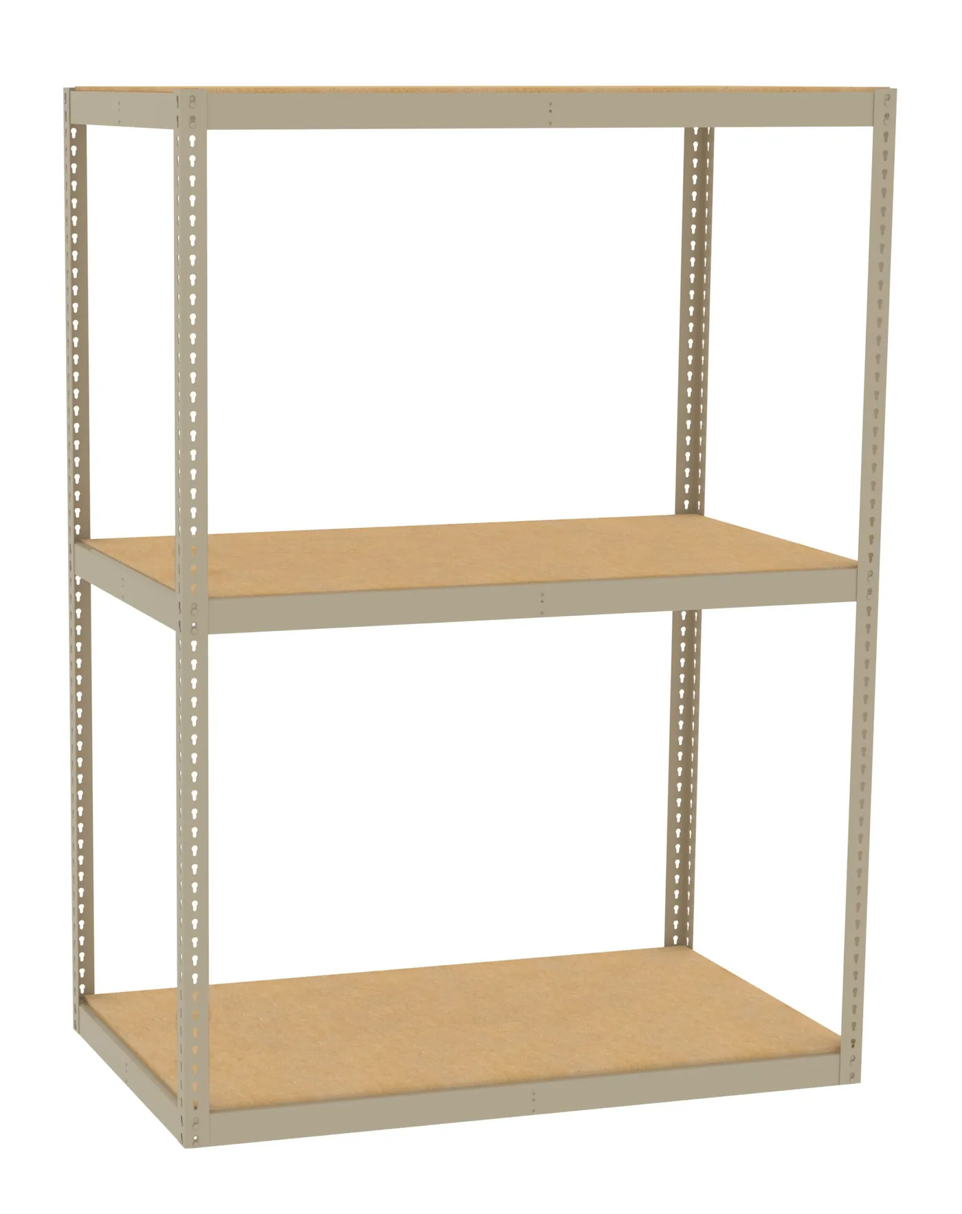 Steel shelving bay fitted with wood decking levels carrying cartons and bulk items