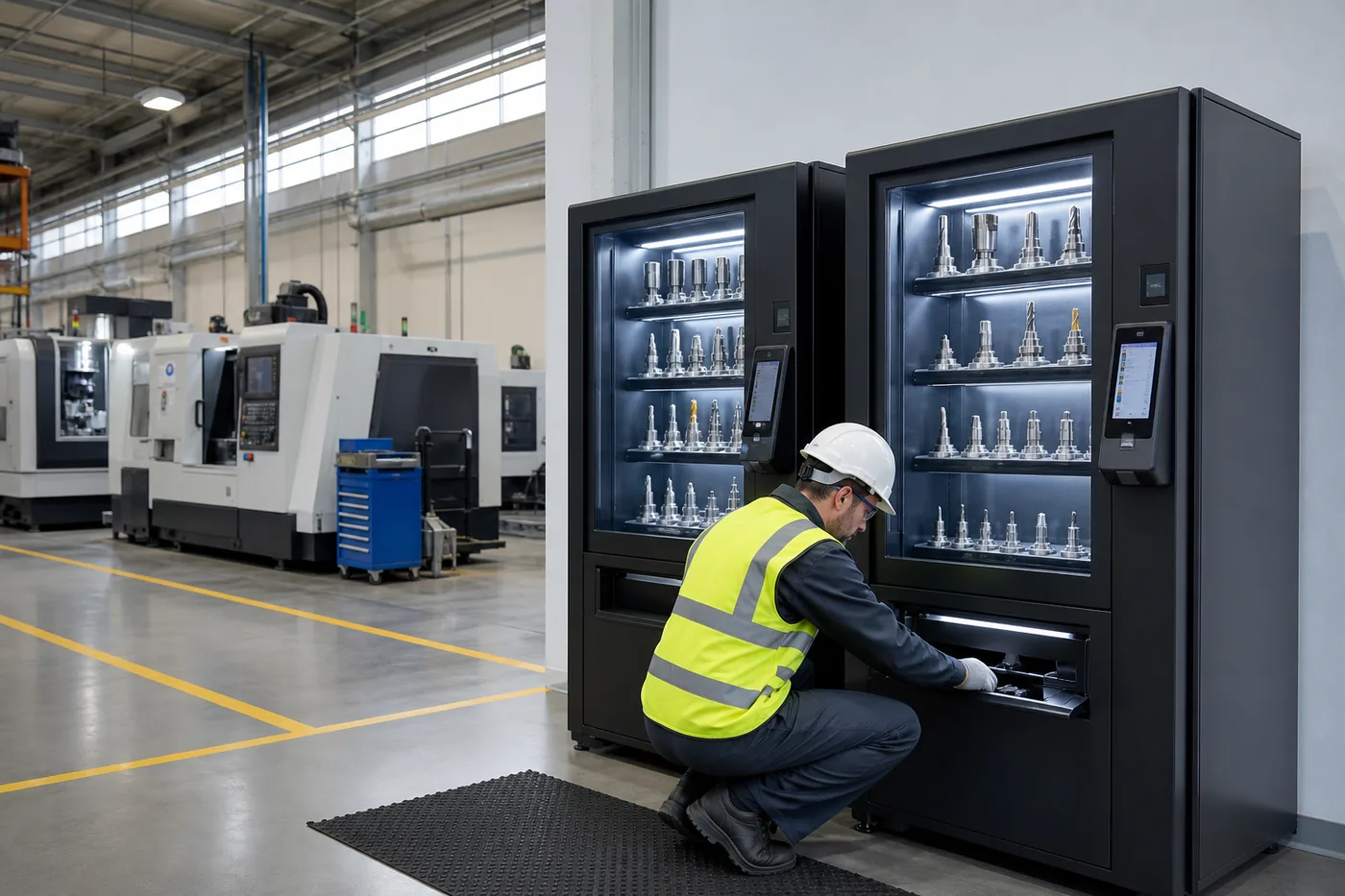 Industrial vending machines dispensing tools and consumables on a plant floor