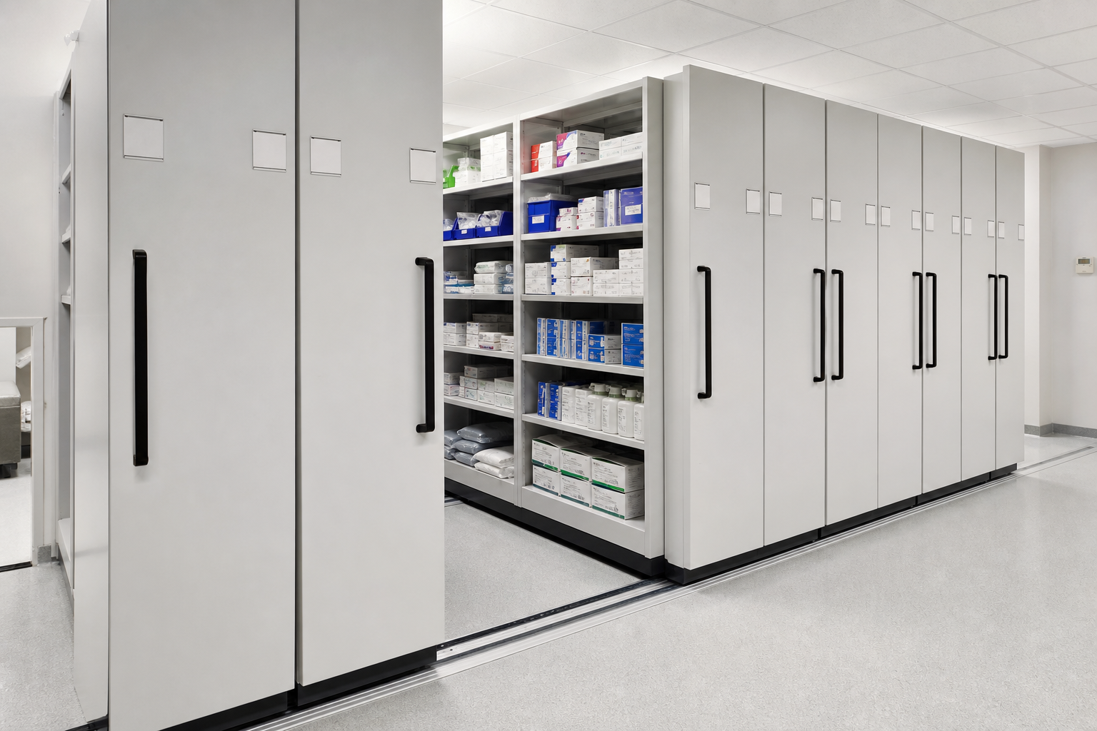 Low-profile manual mobile shelving with direct-pull handles in a laboratory supply room