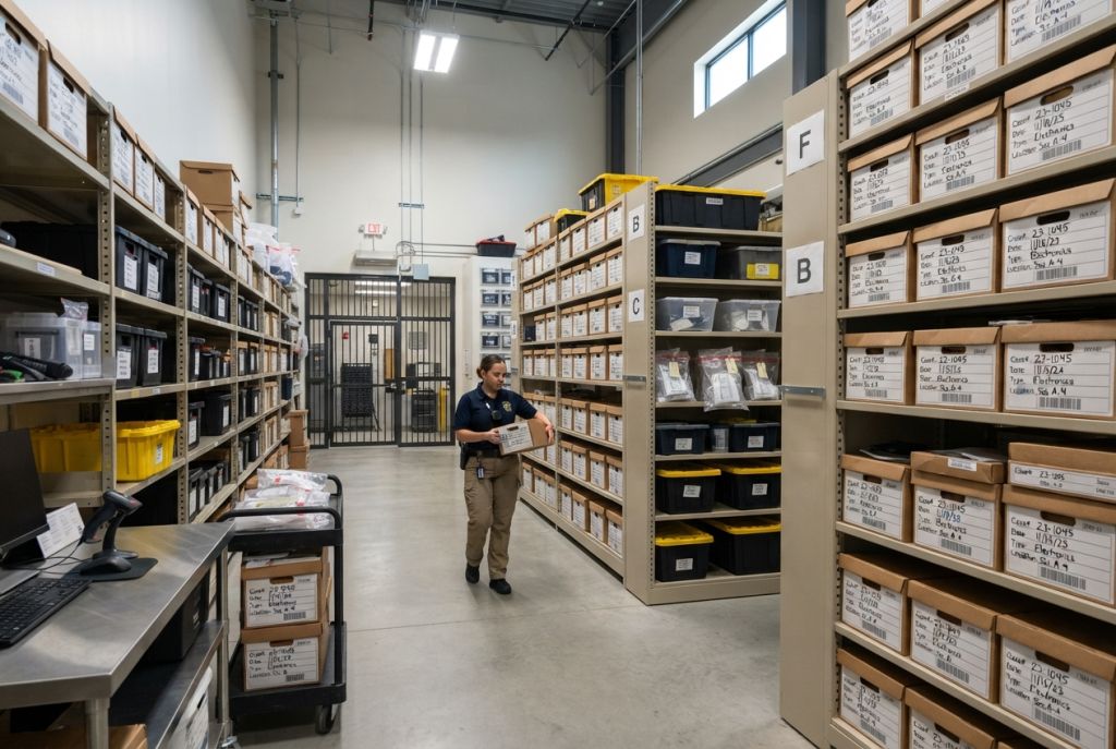 Evidence technician moving a case box through a long-term evidence storage room