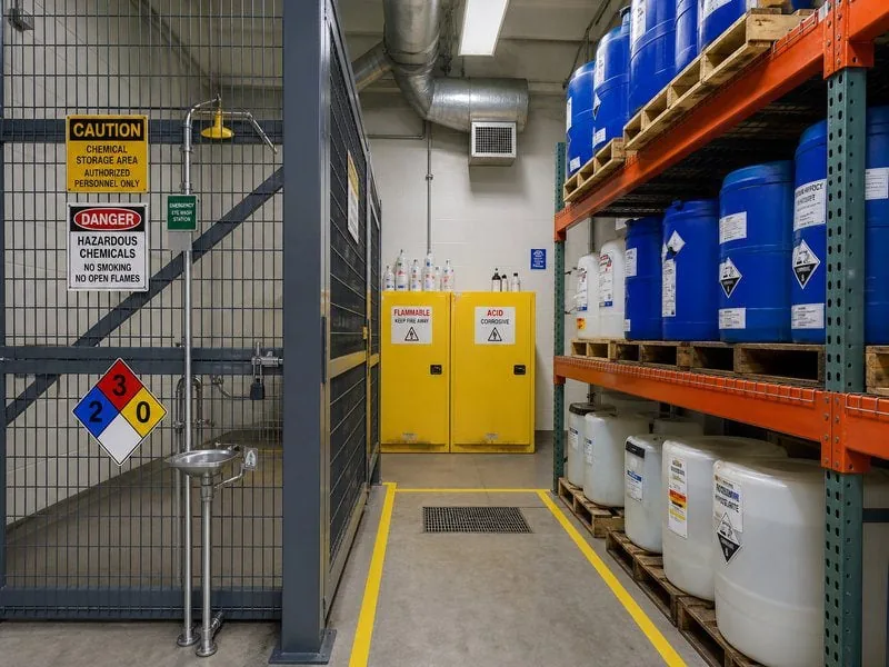 OSHA-compliant chemical storage cabinets and security cages at a water treatment plant